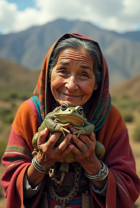 Elderly Andean peasant woman smiling,  and trying to kiss a big toad on her chest