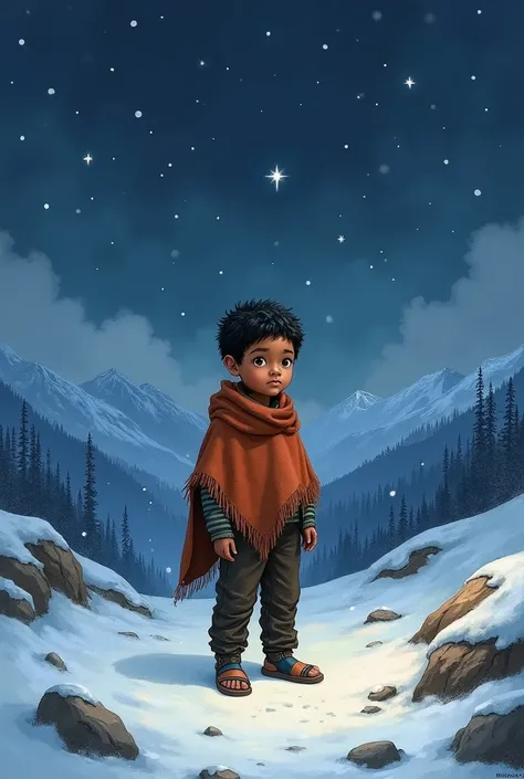 Boy from the PERUVIAN Andes  (poor)  wearing Peruvian clothes in the snow watercolor style ( at night)(Dark Trigueño, light brown)