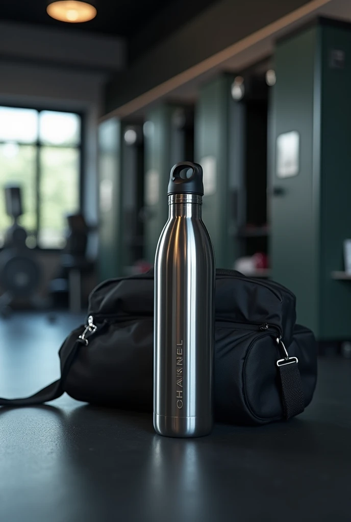 Bottom up side view. A metal water bottle with a black cap .  next to a black Nylon Channel bag placed on top of a metal band inside the locker room of a fitness center, In the background a luxurious gym , 4K, light and shadow,  high resolution