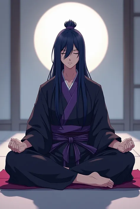  Tsuki - a samurai sitting in a vajrasana meditation position with his eyes closed,  his hair is a dark blue almost black color that almost covers his eyes , his Kimono is black with shades of purple his hamaka is black , (anime)