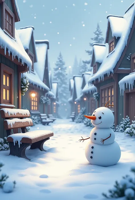  snowy city , Houses, A bench, snowman