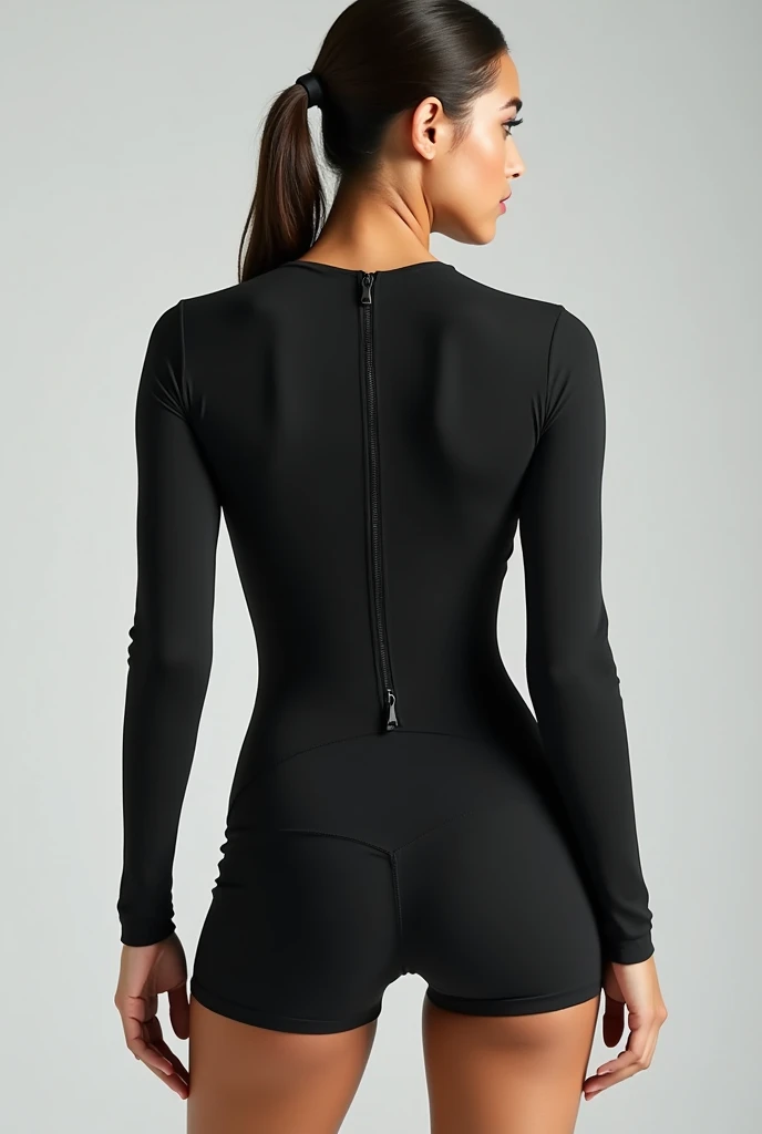  Design me a womens gym jumpsuit , black with unique and original details ,  abdomen control and in Lycra power fabric, seamless and with invisible zipper, long sleeves and thigh-length shorts with outside back 