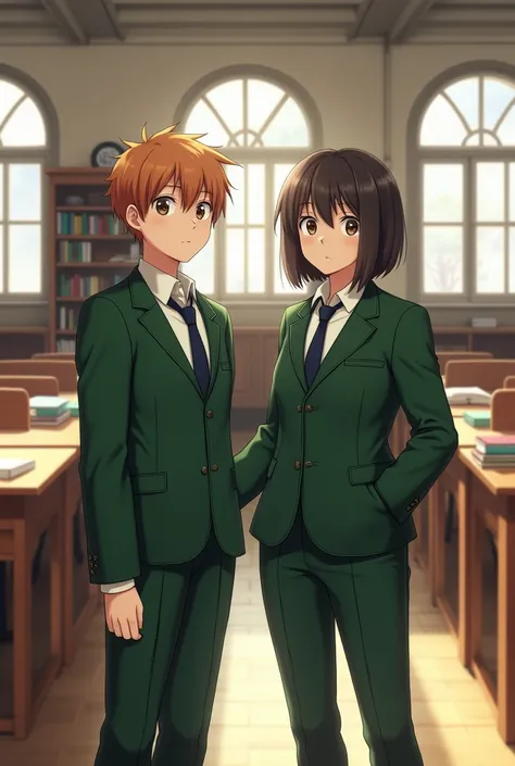 That they are two students in green uniforms and that they are teenagers