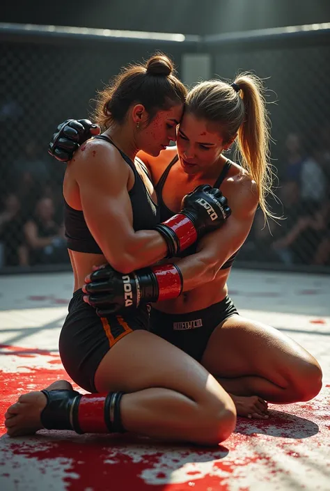 Two women fighting on the ground bleeding in the MMA ring 