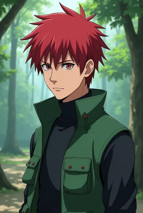 Red-haired adult guy, hair short, bang, 25 years old, Slim, Konoha shinobi ,  in a turtleneck and a green jonina vest,  humped nose ,  Reference, anime