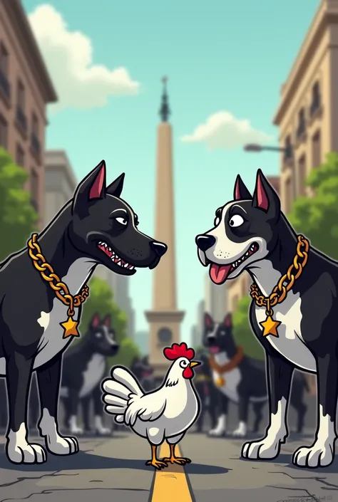  is also intimidated by several black and white pitbulls ,  with a chain with a star around their necks, with a bad face, cartoon style,  staring at a chicken on the streets of Buenos Aires , with the obelisk in the background .