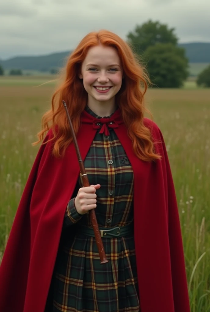  The adult Ginny Weasley (aus dem Film Harry Potter) stands on a meadow.  she smiles . She is wearing a red Gryffindor cape and has a magic wand in her hand. Personal from the front .  photorealistic . 