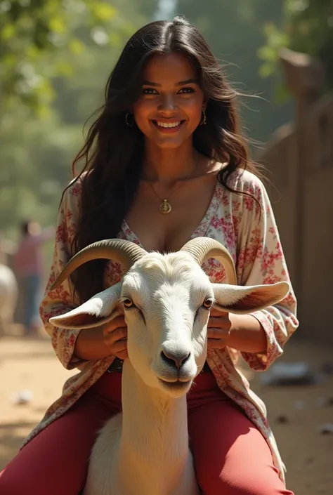 Beautiful laughing 23 years rich young  girl wearing  confident long  hair clear facial features big breast, realistic fair skin wearing printed kurta and red leggings straddling goat neck putting full weight on goat