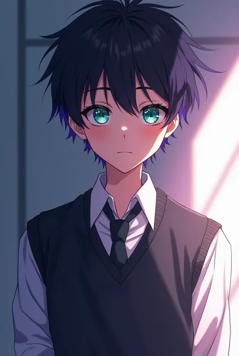 Anime style
Dark radiant glowing skin anime boy with a light tone
With dreamy attractive turquoise eyes
Dark black wavy with violet highlights hair
Tall in slim fit school uniform 
And a cool chill , calm gaze