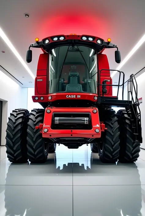 "A highly detailed and realistic front view of the 2025 Case IH Axial-Flow 8250 combine harvester, showcasing its bold and vibrant bright red color. The combine is displayed in a luxury white showroom with polished floors and modern ambient lighting, highl...