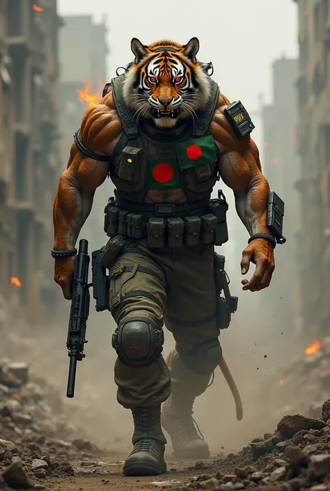 A worrier, looks like army dressing,head of  tiger, heavy muscle, tiger skin on body , red fire on eyes, walking to forward , gym figure, big gun hand, different types of gun on body ballet, angry mood on face, real fire comes from eyes, hot smoke  comes f...