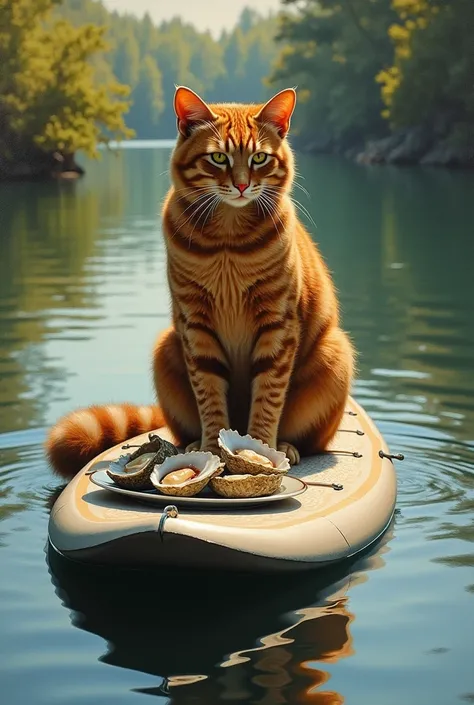 Oil painting of a mahogany cat eating oysters while paddleboarding