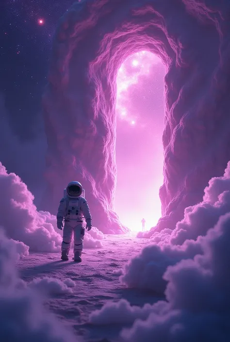 Small Astronout walking to a door in the purplish galaxy