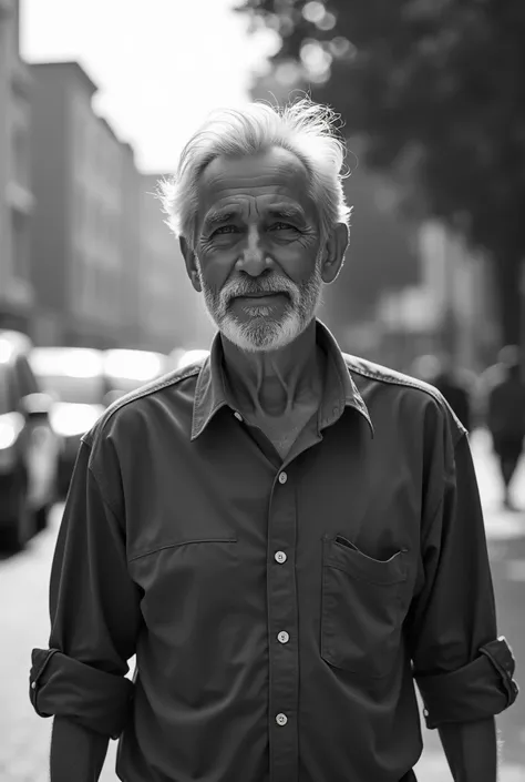 Portrait of an older man, captured while walking down a busy street. He is wearing a button-up shirt with the sleeves rolled up, and his expression is calm yet thoughtful. The wind gently ruffles his short, graying hair. Daylight evenly illuminates his fac...