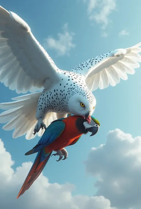 "A hyperrealistic scene of a majestic snow owl is kill and caught 
a lifeless macaw in hands in flying on sky in"