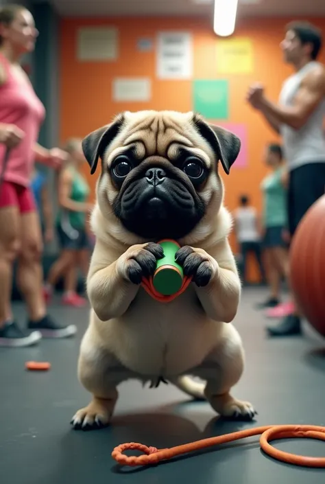  The puppy is inside the gym ,  now healthier and more lively .  It is lifting a small weight with its front legs ,  with a determined look .  There are exercise machines , , a jump rope and motivational posters on the walls that say phrases like “You can!...