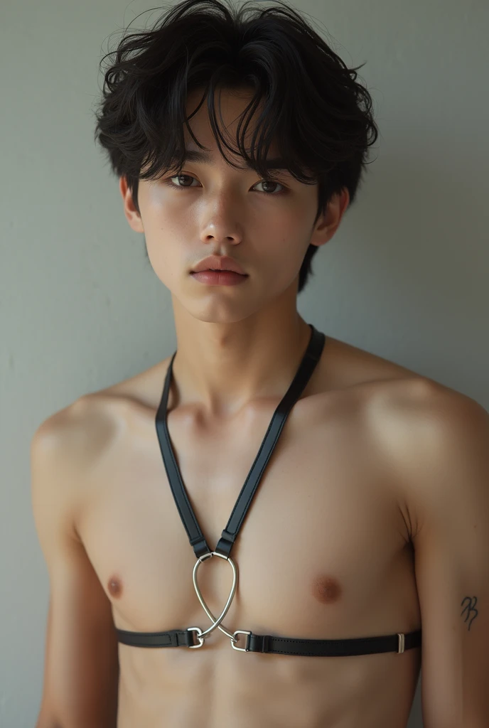 A detailed realistic photo of a young beautiful twink 18-year-old ,shirtless,.no facial and body hair,smooth  and baby faced. Bdsm harness.