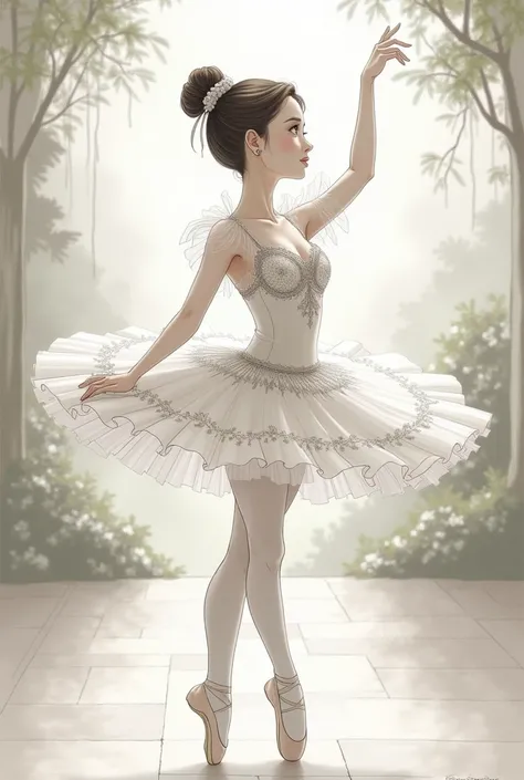  draw a drawing of a ballerina her hair must have a beautiful bun , It has to be a cute drawing ,  in a beautiful place and with details , The ballerina must have very pretty eyes and the drawing must be colorless, The ballet outfit must be beautiful 