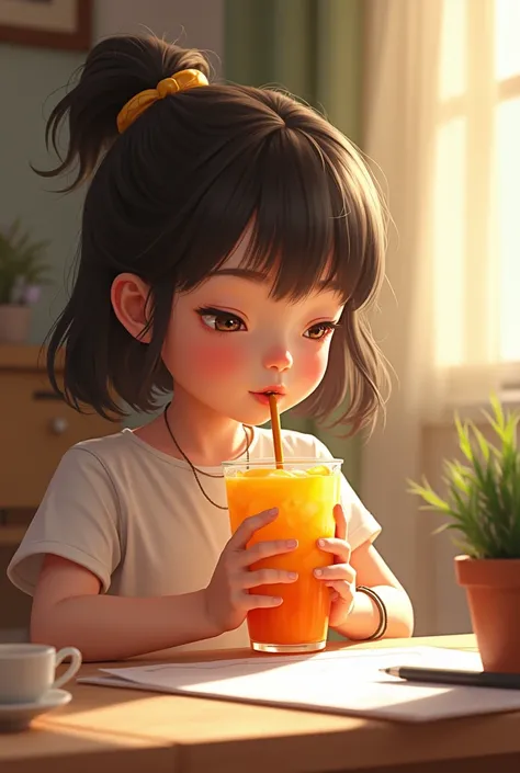 Make picture of girl who is drinking juice , straw in lips, drawing image , now just close her eyes