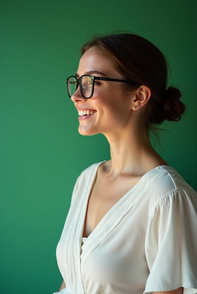 Only half of the face of an American woman from the side looking with glasses smiling on the right side of the image. Green image background with light. upper body.
1 ,  high resolution, breasts,  white dress blouse . best quality, 