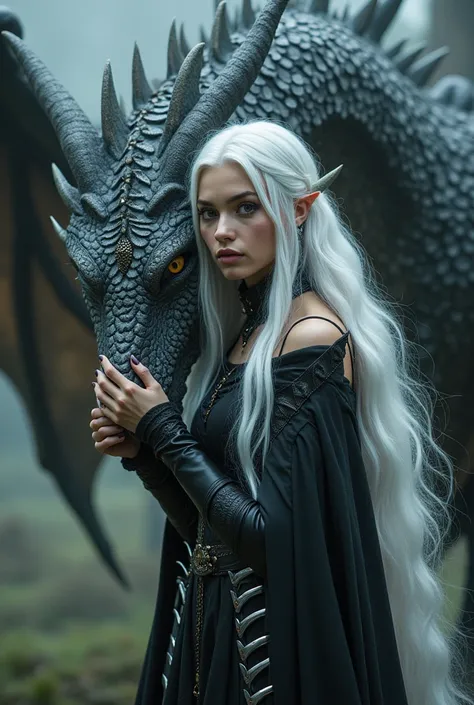 A 26-year-old woman with white hair down to her navel with a gray dragon standing next to her and she touches it with her hand with knives sticking to her outfit  