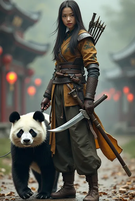 chinese women, straight hair,  ,  dressed in a hunting vest , long pants, safety attribute ,   carries sword and arrow ,  with a full-body ferocious panda. 4k 