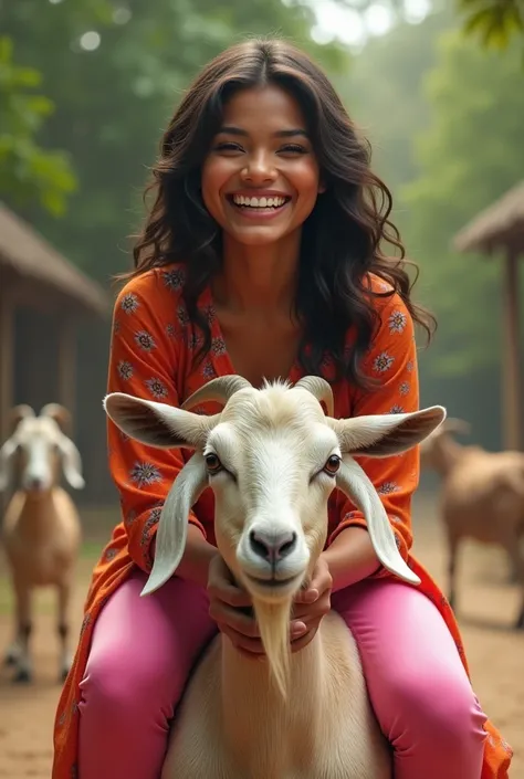 Beautiful laughing 23 years rich young  girl wearing  confident long  hair clear facial features big breast, realistic fair skin wearing printed kurta and pink leggings straddling goat neck 