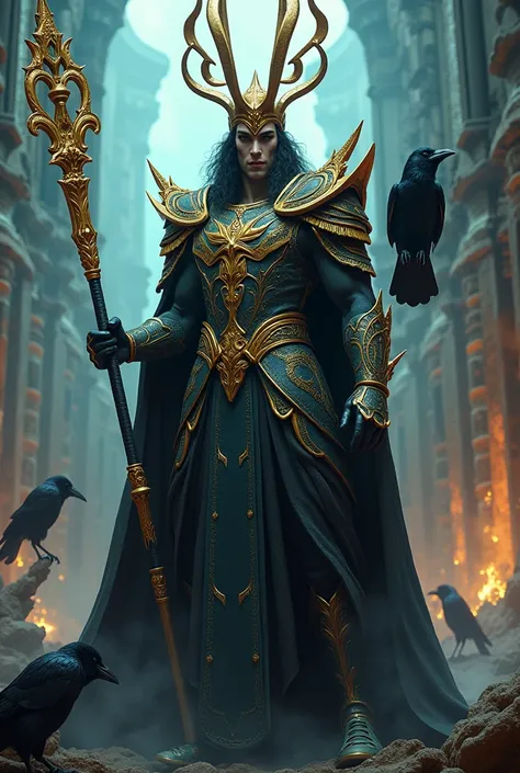          Loki is the god of cunning and deception in all its splendor      ,  trick ,bellicose , mighty .       atmosphere of perfection     .        Close-up weapons       .        Runes and crows as cultural symbols   .        high detail,        high qu...