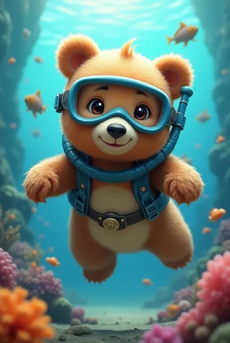 amazing art,  trend on ArtStation , Cute realistic diving bear photo, snorkel, flea ,  fish around her , , (  depth of field  ),   masterpiece ,  best quality,  incredible quality,  very aesthetic, absurdres, Intricate details,  belt, Photoreal