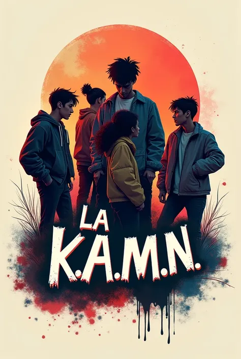 Make me a logo for my song called: “La K.A.M.N”(The KAMN) with 5 friends struggling together,wanting to separate each other from the group 
Add the name: La KAMN in it 
Add further my name:JFS 