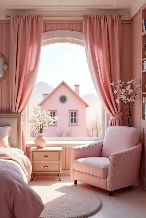 Beautiful large armchair and table chair camper large armchair and window in pink color curtains white flowers and house color pink bollet pink bedroom library in pink