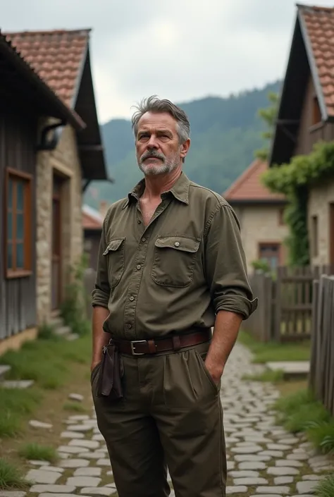 take a picture of a man 40 years old against the background of the village Dąbrówka