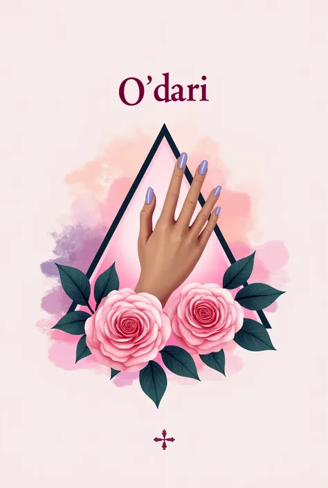 Logo of a nail spa with the name ODari on the top with a very pretty womans hand with 5 fingers inside a triangle with roses and with a pink and very colorful background and 