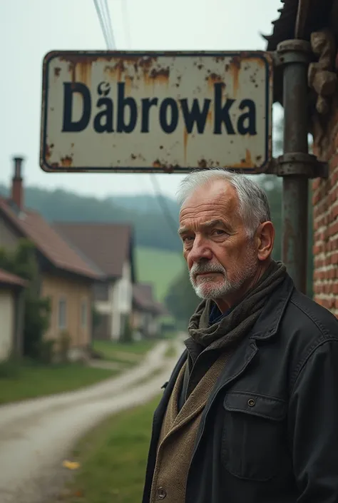  take a picture of a man aged 40 against the background of the village of Dąbrówka where he will stand near the road sign ,,dąbrówka” 