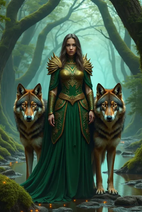 A fearless female warrior clad in rich emerald-green and dark gold armor, adorned with intricate leaf patterns and elegant vine motifs. She stands proudly with two massive wolves, their fur shimmering in forest green and deep bronze, reflecting the soft gl...