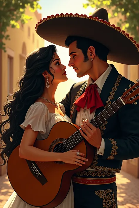 Handsome man with black hair and a mariachi suit and a big hat with a guitar singing a song to a beautiful girl.