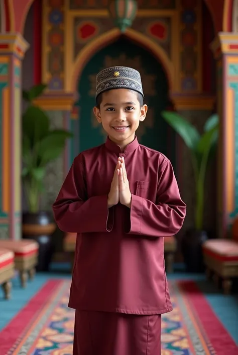 Realistic photo of a Indonesian boy aged 11, wearing maroon Muslim melayu dress complete with peci, sarong at the waist 
and maroon pant, praying hand pose, standing pos, colorful Islamic living room.