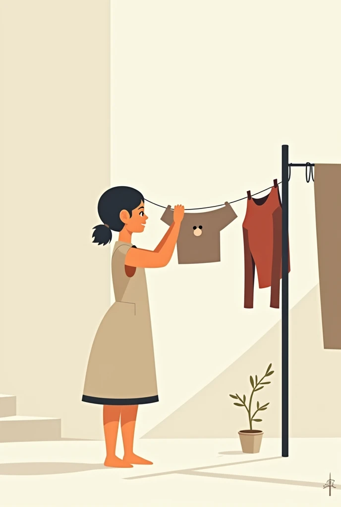 a minimal vector illustration of a girl drying clothes