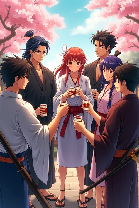  A birthday image with the text  " Happy Birthday Lando ", Where there are powerful characters from Rurouni Kenshin, celebrating with Sake 