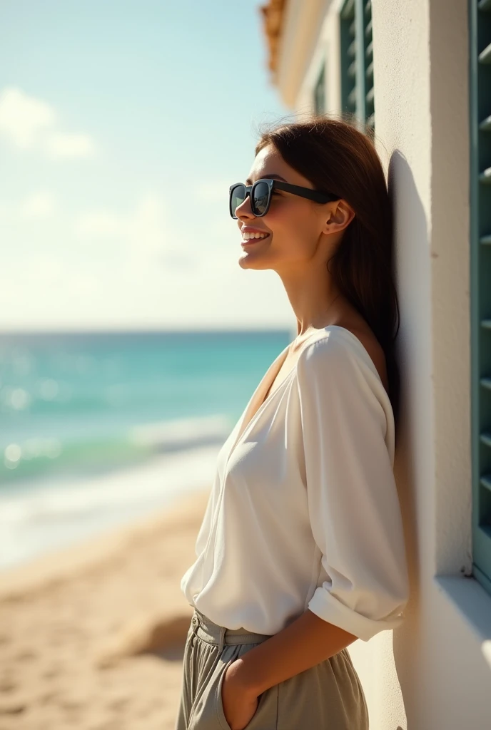  Only half of the face of an American woman from the side looking with sunglasses smiling on the right side of the image. Women occupy only the vertical half of the image. Beach house image background with sunlight radiating ,  upper body.1 ,  high resolut...