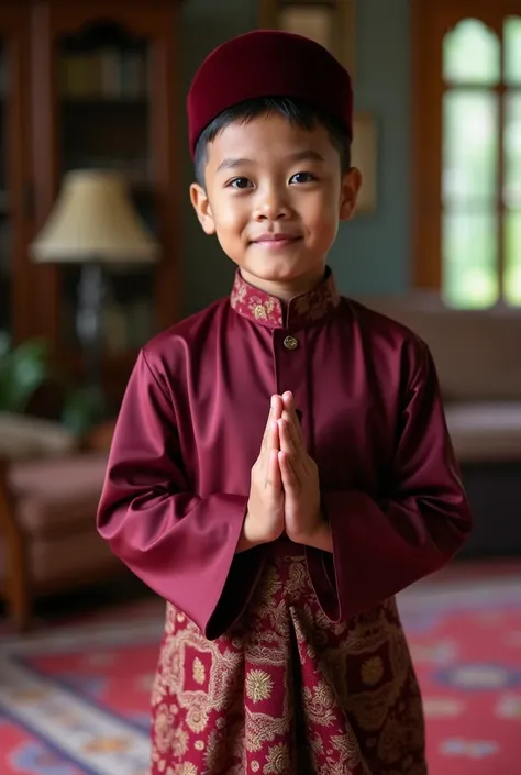 Realistic photo of a Indonesian boy aged 11, wearing shimer maroon Muslim melayu dress complete with peci, sarong batik at the waist and maroon pant, praying hand pose, standing pos, colorful Islamic living room.