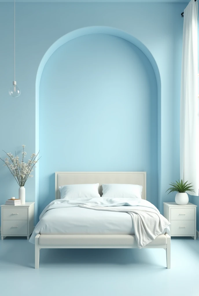  room in light blue tones ，To show the bed ， attached to the wall on the left of the bed ，On the right, there is a bedside cabinet 。 are the furniture in off-white，No sofa ， without any plant，Do not show light 