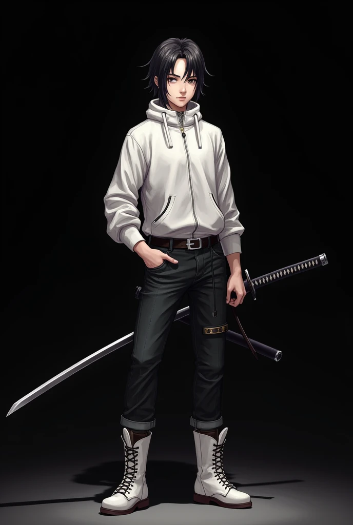  An Asian boy with dark hair parted in half and a dark look.  He wears a closed white high-neck jacket .  Dark jeans and a white military boot . He wears a Katana .  He is a fantasy RPG character , with black background.