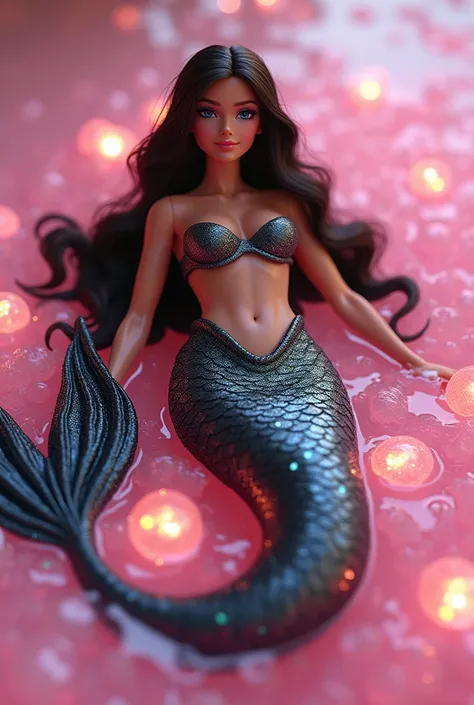 An amazing realistic mermaid long tail 4kBarbie style 4k her eyes color aqua turquoise crystalline like gem or mirrors glittering shes longlashes big skin color brunette tanning with glitter she got extra long straight hair color dark brown her cheeks glit...