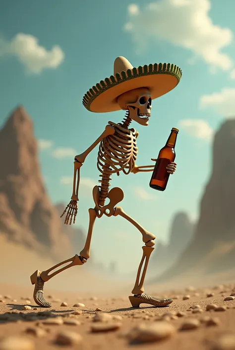 Skeleton wearing a Mexican hat drinking a bottle of beer while walking backwards while looking sideways in the back