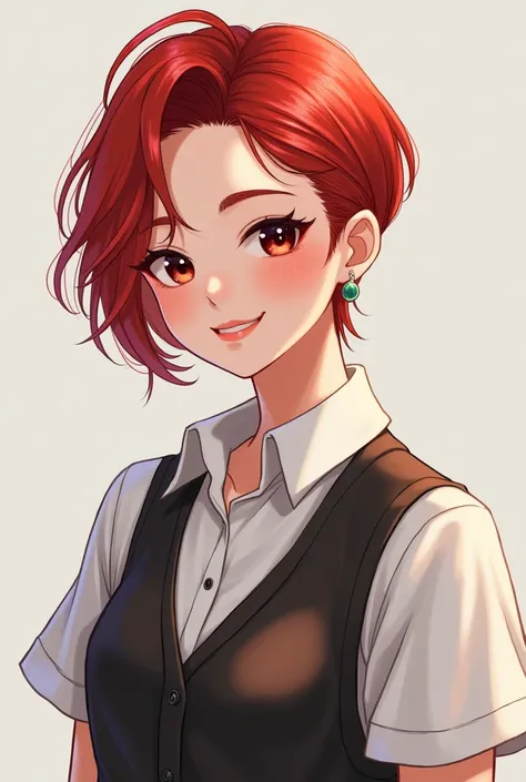  A Korean teenager dressed in Yean ,  twins with red hair, a little tidy ,  clothes and also with a fashionable haircut that smiles.