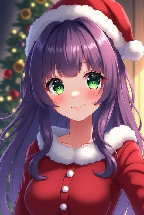  better quality ,  expressive eyes  ,  perfect face , Alone, long hair,  wavy hair ,  straight bangs ,  purple hair ,  green eyes,  medium breasts , Christmas clothes, selfie, light smile, Christmas atmosphere