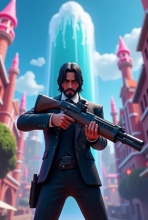 Make an image of John Wick in Fortnite with a shotgun with the Fortnite graphics in the city salt fountains from Fortnite