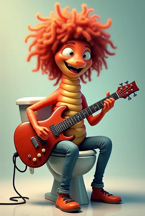 A cheerful worm , with curly hair on his head , his name is “dark” who sits on the toilet with an electric guitar 