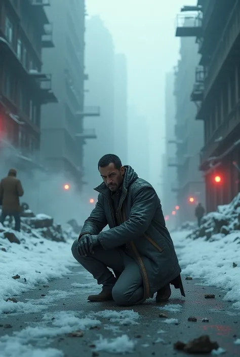 A post-apocalyptic city under a massive storm, dramatic lighting, dark and gritty atmosphere, abandoned buildings, decaying infrastructure, frozen landscape, people struggling to survive, 1 man kneeling in the foreground with determination, (best quality,4...